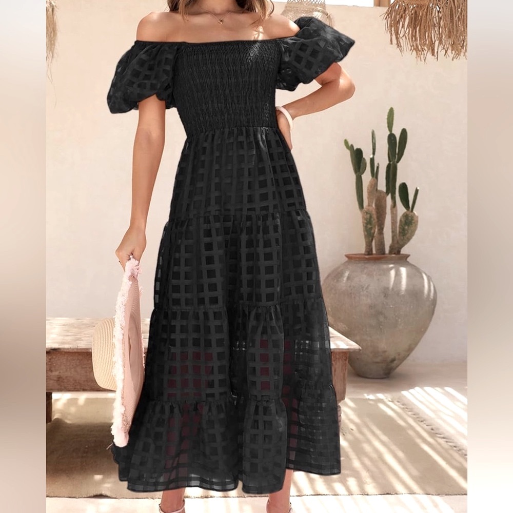 Puff Sleeved Square Neck Ruched Smocked Midi/Maxi Fit and Flare Dress in Black